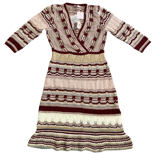 NWT V-Neck Pink/ Burgundy/ Cream/ Striped Baby Alpaca Wool Knit Ruffle Hem Dress (L)