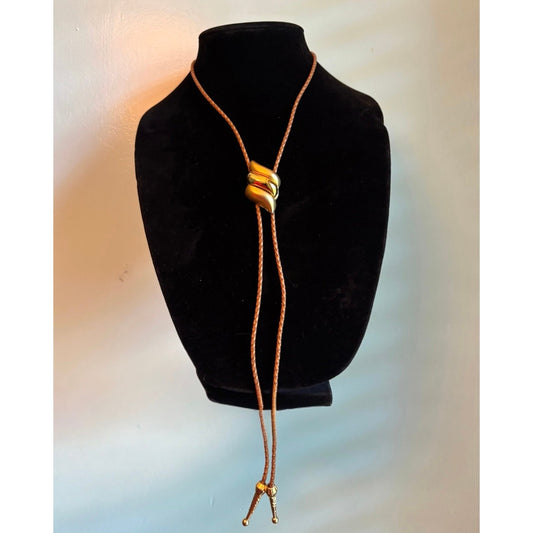 Shiny & Matte Gold Toned Chunky Swirl Camel Brown Leather Cord Bolo Tie