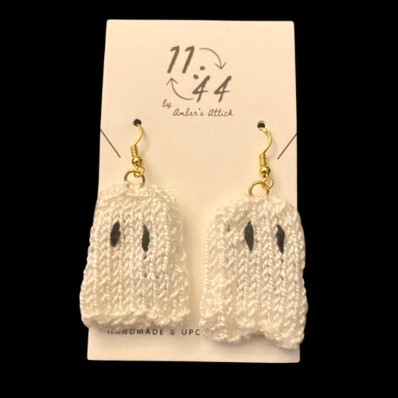 White Minimalist Ghost Handknit Cotton Earrings