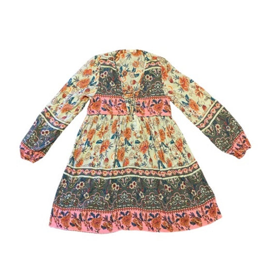 Pink & Blue Patchwork Style Striped Floral Print Long Sleeve Babydoll Dress (4/6)