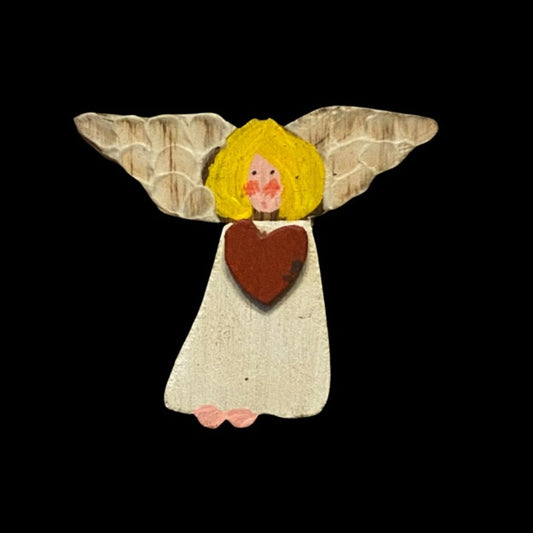Vintage Painted Wooden Angel of Love Brooch