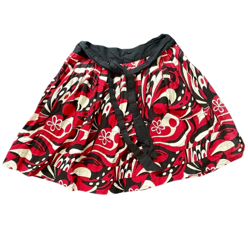 🔔 100% Cotton Red/ Black/White Retro Groovy Floral Circle Midi Skirt w/ Sash (L)