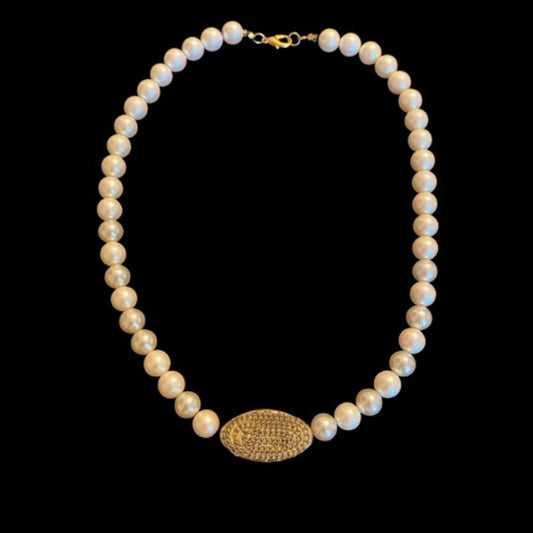 Oval Bronze Accent Mock Pearl Necklace | Handmade with Vintage Beads