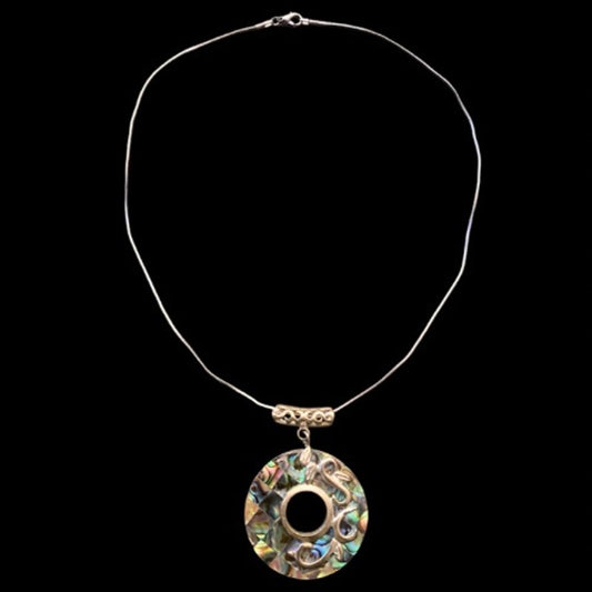 Fantastical Holographic Round Abalone Shell Mosaic Silver Vines Pendant Necklace