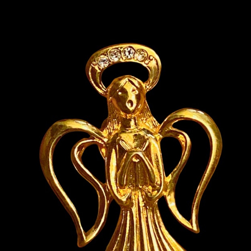Vintage Heavenly Singing Angel with Rhinestone Halo Gold Tack Pin