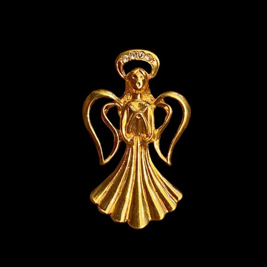 Vintage Heavenly Singing Angel with Rhinestone Halo Gold Tack Pin