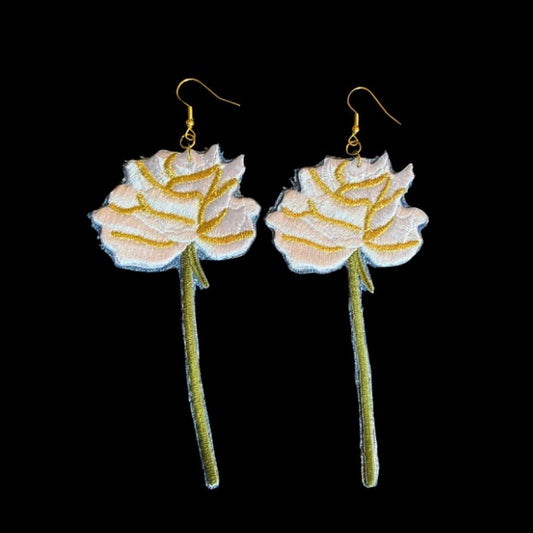 Vintage White/Gold Long Stem Rose Patch + Denim Earrings