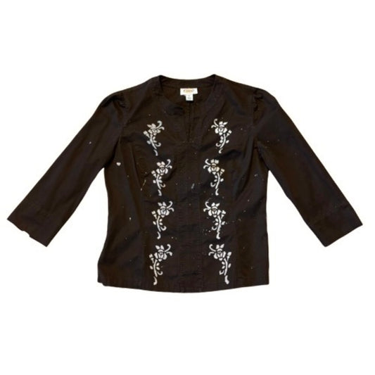 Painted Roses Upcycled Vintage Chocolate Brown Cotton 3/4 Sleeve Top (Medium)