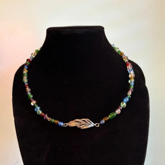 Morning Dew Silver Toned Leaf Link Pendant Rainbow Beaded Necklace