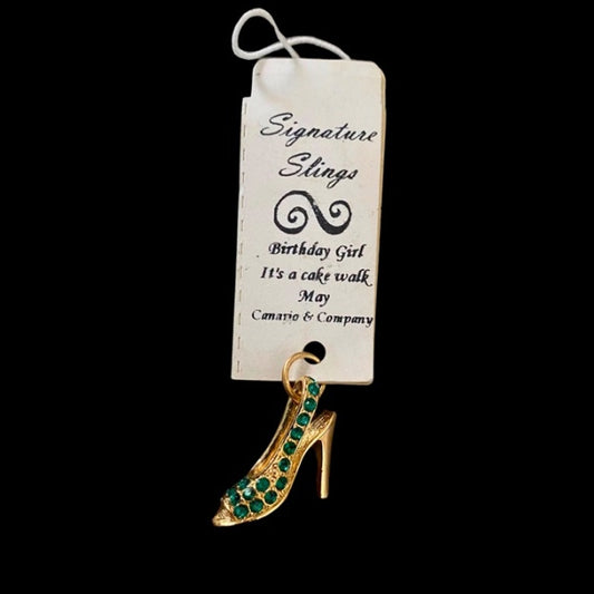 Vintage NWT May “Birthday Girl” Emerald Green Rhinestone Studded Yellow Gold Slingback Heel Charm