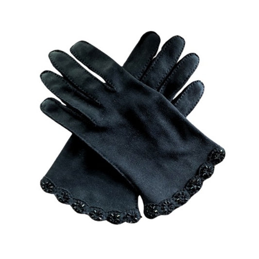 1960’s Crescendoe Vintage Ladies Beaded Black Suede Leather Tailored Gloves (Small)