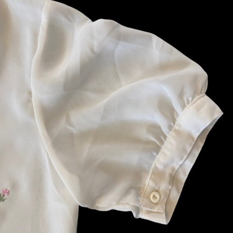 Vintage White Ruffle Collar Embroidered Pink & Green Flowers Sheer Button Down Blouse  (S)
