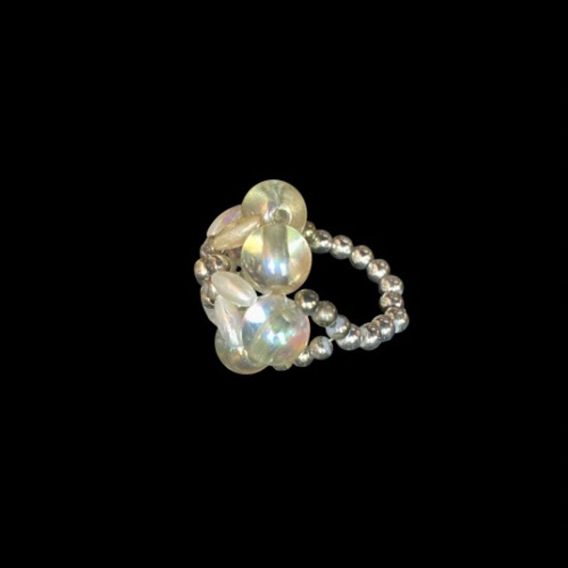 Vintage Silver/White/Clear AB Beaded Flower Cocktail Ring (5)