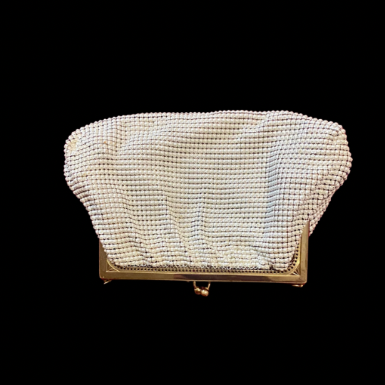 Vintage Small 60’s/70’s Pearly White Acrylic Mesh/ Brass Metal Frame Evening Bag