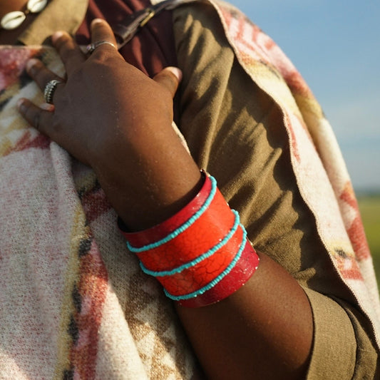 Upcycled Vintage Turquoise Beaded Red & Magenta Pleather Cuff Bracelet