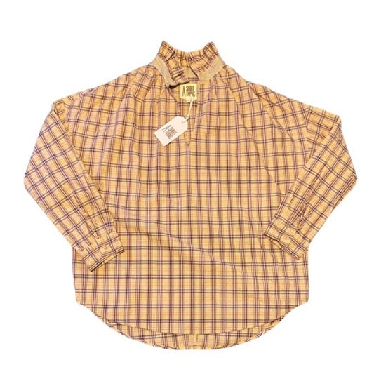 NWT Oversized Peach/Burgundy/Tan Plaid Ruffle Collar Long Sleeve Cotton Shirt (M)