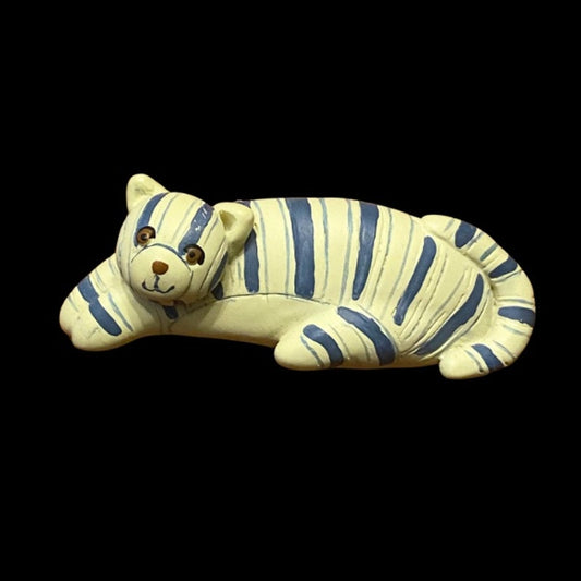Vintage Blue and White Painted Ceramic Tiger Cat Brooch
