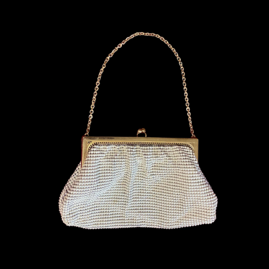 Vintage Small 60’s/70’s Pearly White Acrylic Mesh/ Brass Metal Frame Evening Bag