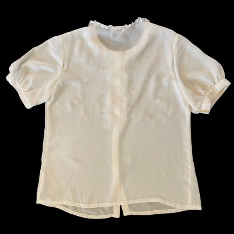Vintage White Ruffle Collar Embroidered Pink & Green Flowers Sheer Button Down Blouse  (S)