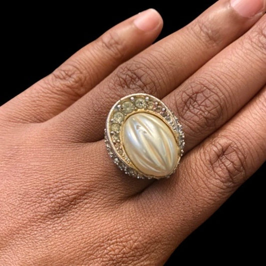 Vintage Faux Pearl Gold Toned Rhinestone Studded Cocktail Ring (9.5, Adjustable)
