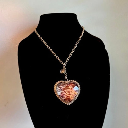 Chunky Resin Zebra Print Rhinestone Heart Silver Toned Metal Pendant Necklace