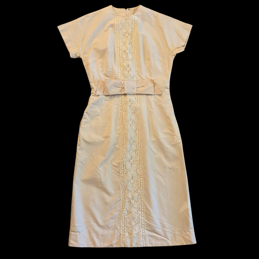 Vintage Beige and White Lace Panel Wiggle Dress with Bow (S)