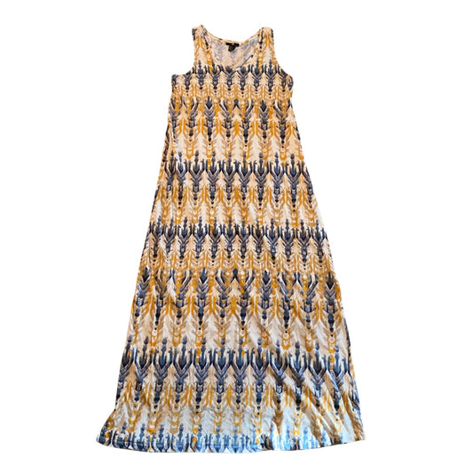 Sleeveless Yellow, Cream, & Blue Dyed Print Cotton Maxi Dress (M)