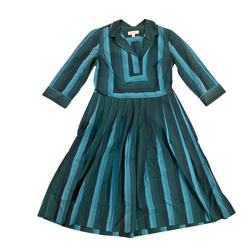 🔔 Issac Mizrahi Blue Striped Collared Fit & Flare Pleated Midi Dress (14)