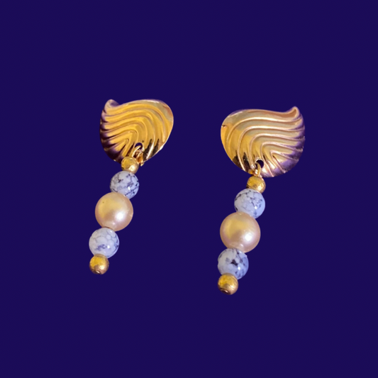 Attina | Upcycled Vintage Gold Shell Mock Pearl Beaded Drop Stud Earrings