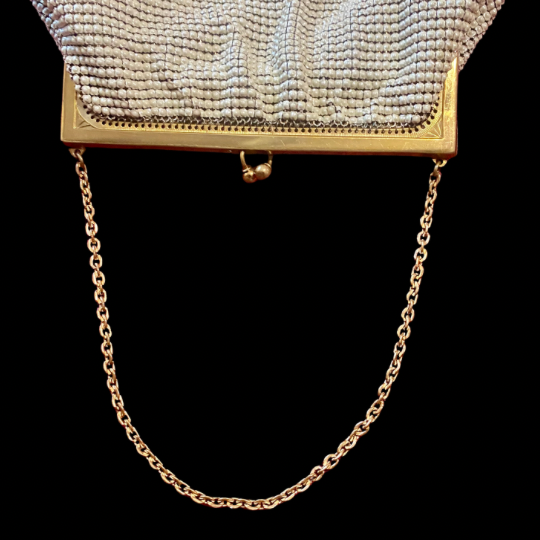 Vintage Small 60’s/70’s Pearly White Acrylic Mesh/ Brass Metal Frame Evening Bag