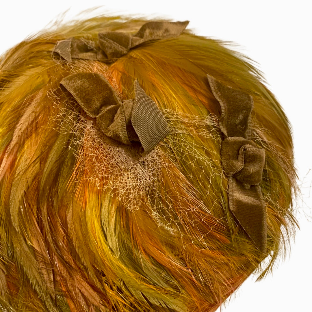 Vintage Orange, Brown, and Green Feather Pillbox Hat