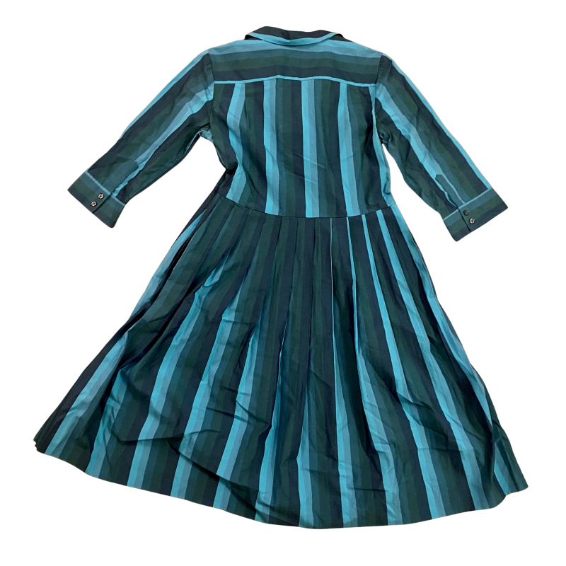 🔔 Issac Mizrahi Blue Striped Collared Fit & Flare Pleated Midi Dress (14)