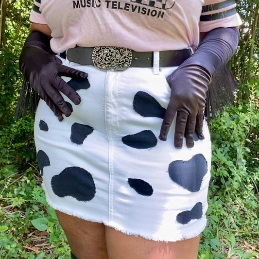 Upcycled White and Navy Blue Cowprint Stretch Denim Mini Skirt (16)