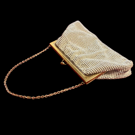 Vintage Small 60’s/70’s Pearly White Acrylic Mesh/ Brass Metal Frame Evening Bag