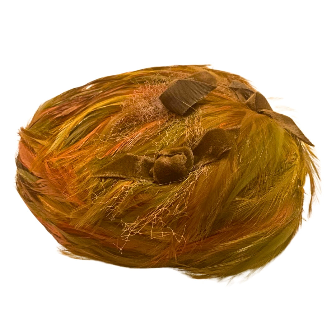 Vintage Orange, Brown, and Green Feather Pillbox Hat