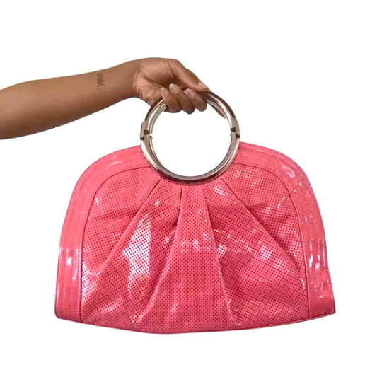 NWOT Coral Pink Faux Leather Tortoiseshell Handle Handbag with Leopard Print Lining, Removable Strap, Mirror