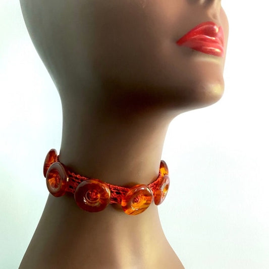 Burnt Orange Button Embellished Handknit Cotton Choker Necklace