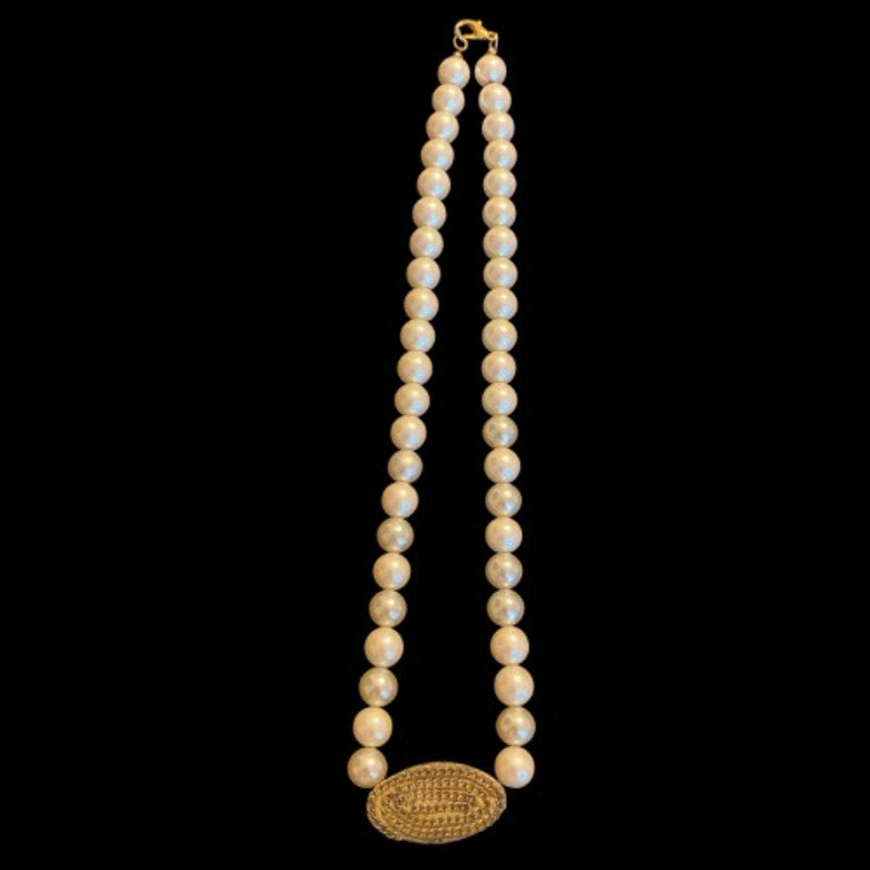 Oval Bronze Accent Mock Pearl Necklace | Handmade with Vintage Beads