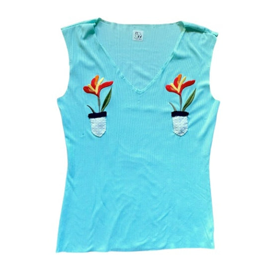Upcycled Vintage Amaryllis Flower Patch Bright Teal Sleeveless Ribbed V-Neck (M)