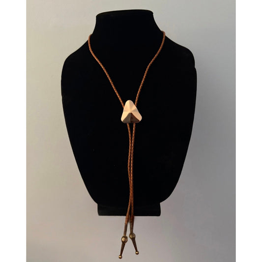 Abstract Cream/Grey/Dark Purple Triangle Camel Brown Leather Cord Bolo Tie