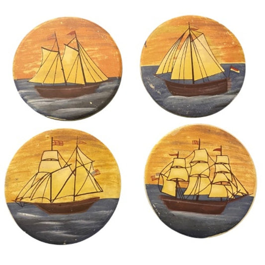 Vintage Painted Ceramic Sailboat Coasters (Set of 4)