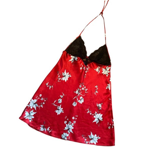 Y2K Black, Red, & White Satin Floral Halter Top Night Dress (L)