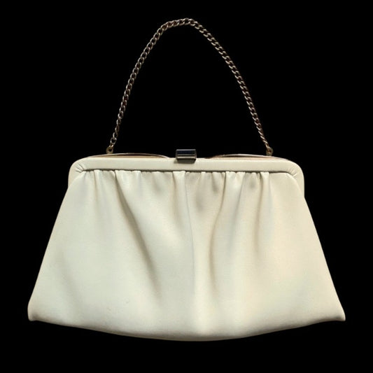 Vintage Beige Faux Leather Frame Clutch with Silver Chain Handle