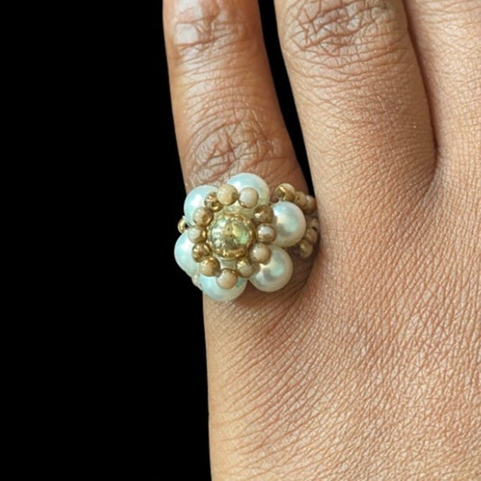Dainty Vintage Brown/Gold/White Faux Pearl Beaded Flower Ring (5)