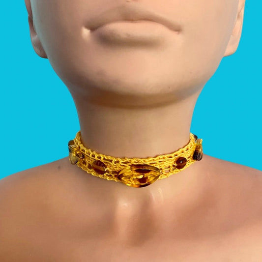 Lemon Yellow Button Embellished Handknit Cotton Choker Necklace