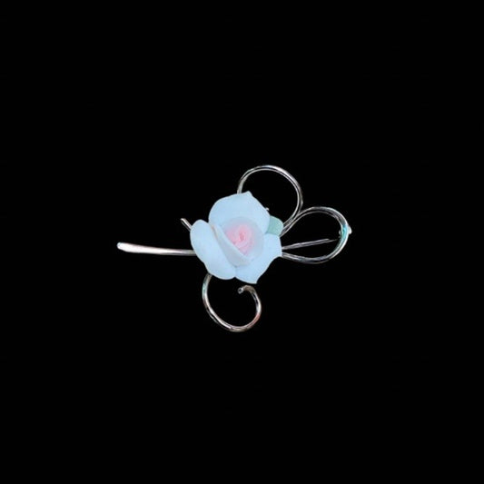 Vintage Dainty Sterling Silver White Ceramic Rose Pin