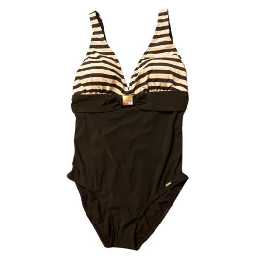 NWT Livia Monte Carlo White/Black Striped One Piece w/ Square Rainbow Disco Prism Accent (L)