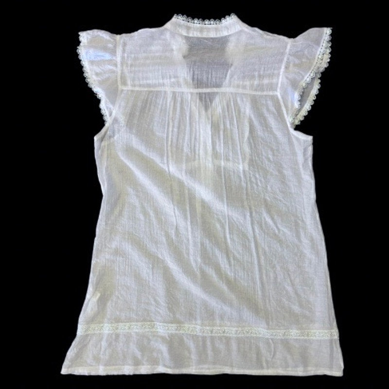 Y2K Sheer White Lace Trim Cap Sleeve Button Down Blouse (M/L)