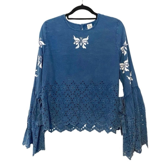 Breezy Indigo Blue & White Butterfly Bell Sleeve Lace Hem Cotton Blouse (M)