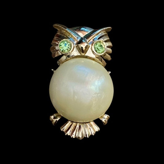 Vintage Pearly White  “Jelly Belly” Gold Toned Green-Eyed Owl Brooch